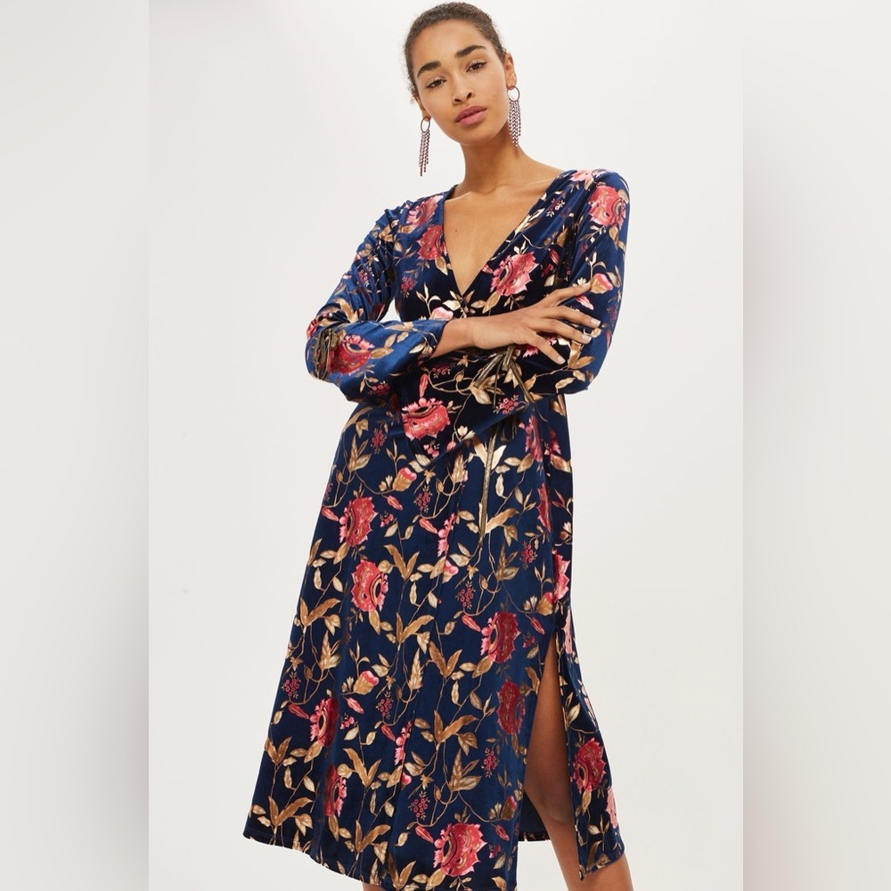 Topshop Floral V-Neck Wrap Dress - Blue/Black and Dark Coral